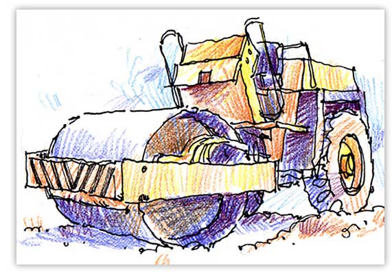 Colored pencil drawing of an asphalt roller